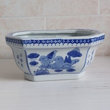 Vintage Chinese Bonsai Bulb Planter Jardiniere Blue White Octagonal Lotus Ducks