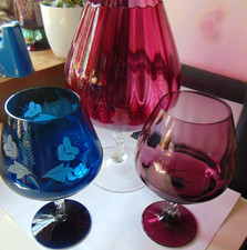 Large Vintage Retro Blue Etched Brandy Glass & 2 Large Coloured Glasses