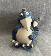 Large Blue Glazed Pottery Garden Whimsical Penguin Figurine Ornament