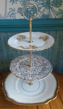 3 tier china cake stand Mismatched white, gold and floral gilt plates