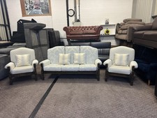 vintage oak frame gold patern 3 seater sofa and 2 armchairs "Local delivery poss