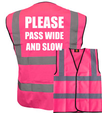 HORSE RIDING HI VIS PINK VEST WHITE TEXT WAISTCOAT, EQUESTRIAN, PASS WIDE & SLOW
