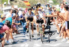greg lemond trying to keep off miguel indurain during tour de france signed 12x8