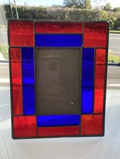 Stained Glass Photo Frame For 7” X 5" Portrait Blue Red Free Standing Picture