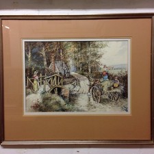 Geoffrey John Hall Fine Watercolour Of Horse & Cart Driving Through Stream 1982