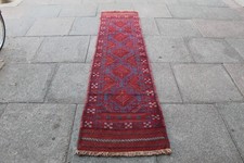 Vintage Hand Made Afghan Mushvani Oriental Red Blue Wool Narrow Runner 244x65cm