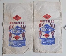 2 X vintage RUSSELLS flour bags - Ellington Flour Mills MALTON YORKSHIRE