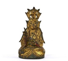 16C Ming Dynasty Chinese Gilt Lacquer Bronze Seated Buddha Figure Figurine