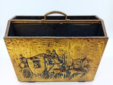 BRASS MAGAZINE RACK with wooden structure Embossed brass panel Vintage TARNISHED