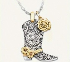 Zara 18k gold plated silver necklace chain & flower cowboy boots line dancing