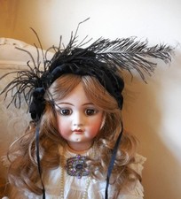 Elegant Black Satin Feather Bonnet for Antique Doll with 14/15 inch head NO DOLL