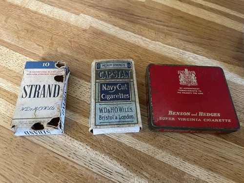 Old cigarette tin and packets - cigarette,