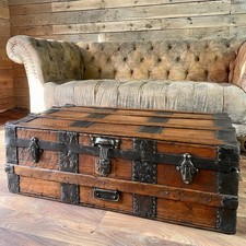 Antique Victorian Pine Steamer Trunk Chest, Wooden Storage Blanket Box plus Key
