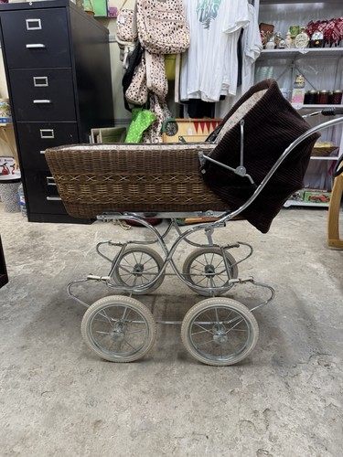 Vintage wicker baby carriage - baby,
