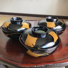 Lacquered Soup Bowl with Lid 3pc Joboji Style Black Inside Red Outside Ginkgo