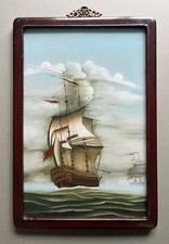 20th Century Chinese Glass Reversal Painting of a Clipper Ship in Chinese Frame