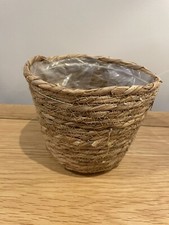 Small Vintage Wicker Rattan Lined Plant Pot Holder Basket Wastepaper Bin Brown