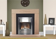 ELECTRIC FIRE OAK FIREPLACE SURROUND HEARTH BLACK BRUSHED STEEL PEBBLES BNIB