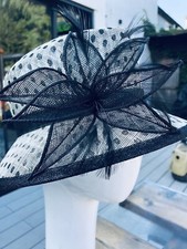 BHS BRITISH HOME STORES LARGE WEDDING HAT IVORY & BLACK BOW SPOTTY