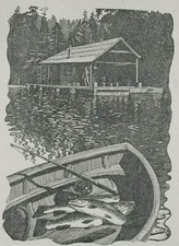 Tunnicliffe HOUSE BOAT FISH CATCH 1943 Print of a Woodcut Fishing Houseboat
