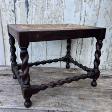Antique Vintage Turned Oak Barley Twist Legged Stool Rush Seat Art & Crafts