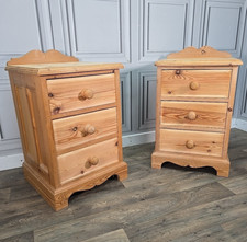 Retro Vintage Pair 2 Solid Wooden Pine Bedside Tables Drawers Cupboards Cabinets