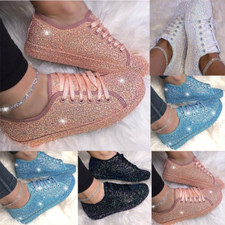 BLING TRAINERS SEQUIN PUMPS SPORTS FLAT SHOES SIZE WOMENS LADIES RUNNING WALKING