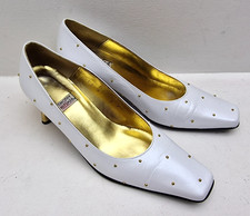 Timothy Hitsman 7C White Studded Leather Court Heels Square Toe Kitten 80s-90s