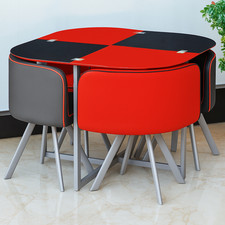 Dining Table and 4 Faux Leather Chairs Space Saver Glass Red