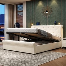 Double Ottoman Storage Bed Velvet 4ft6 Bed Frame Bounce Sprung Slats Base, Beige