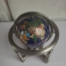Gemstone Globe Blue Ocean Semi Precious Stones Rotating Brushed Chrome Stand.