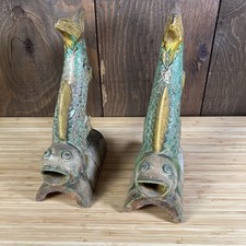 Antique 16th Century Ming Chinese Koi Fish Roof Tiles Green Yellow Glaze Pair
