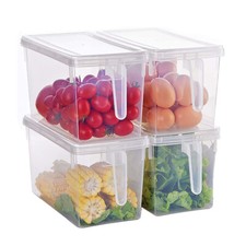 4 Stacking Clear Plastic Fridge Box Food Storage Containers Holder w/ Handle Lid