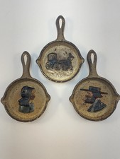 Vintage 1940-50’s 4.5x3 Cast Iron Skillet Amish Set Of 3 Hand Painted Antique