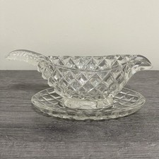 Vintage Crystal Glass Gravy Sauce Boat & Saucer Set Art Deco Diamond Pattern