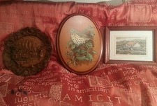 3 Vintage Decorative Wall Art Pieces. Wood Carving, Artists Wood Art & Print