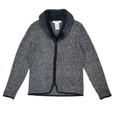 Vintage 90s Y2K Tribal Faux Fur Collar Full Zip Sweater M Black Gray Friends