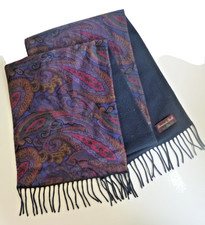 Leonardo Strelli Wool & Silk Mens Scarf Paisley Navy Blue, Fringed Made in Italy