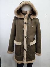 Men's Leather Genuine Sheepskin Duffle Coat Hooded 100% Real Shearling Fur f-42