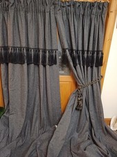 LONG Grey Tweed Curtains Ea. 125" LONG X 56" Wide. Lined. Ex Hotel. Pencil Pleat