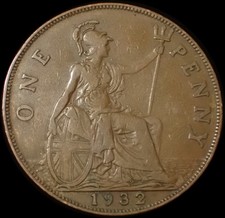 UK One Penny 1932 George V Bronze Coin WCA A939
