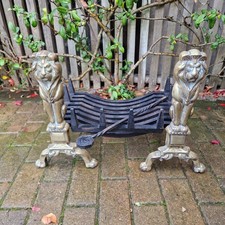 Cast Iron Fire Grate 18" Basket Brass Lion Fire Dogs Aged Heavy Duty With Poker 