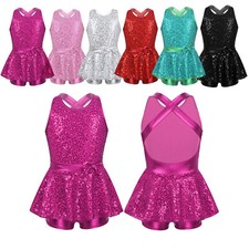 Kids Girls Shiny Sequins Ballet Dress Gymnastics Leotard Tutu Dresses Dancewear