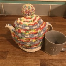 Beautiful Handmade Knitted Vintage Style Tea Cosy In Multicolours  With Pom Pom