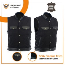 Men SOA Side Lace Biker Vest Leather Trim Black Denim Motorcycle Club Waistcoat