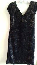 BLACK lace overlay nude SHIFT Dress SIZE UK 14 USA 10 SCARLETT NITE