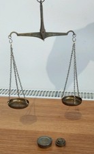 Vintage Hanging Set Of Brass Apothecary Scales With Weights