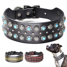 LEATHER STUDDED DOG COLLAR STRONG BIG DOG COLLARS STAFFY PITBULL HEAVY DUTY L/XL