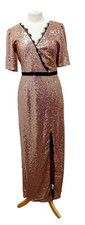 FOREVER UNIQUE UK 10 14 Long Rose Gold Sequin Dress with Black Lace Trim