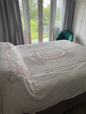 Vintage French Pink & Green Cotton Jacquard Bedspread Blanket Throw Double 90x80